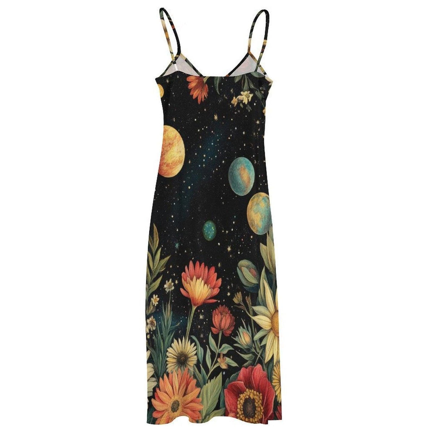 Retro galaxy floral dress, Sunflower planet maxi gown, Cosmic garden aesthetic outfit, Witchy night boho sundress, Space flower fashion