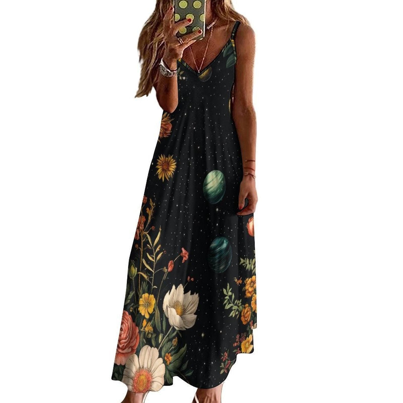 Galaxy floral dress, Space print sundress, Cottagecore planets maxi, Botanical stars gown, Celestial aesthetic outfit, Dark fairycore dress