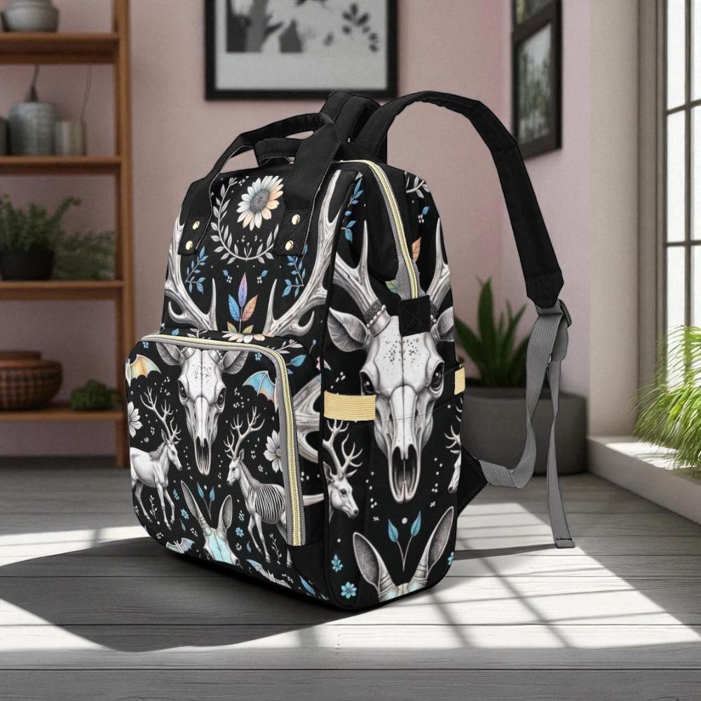 Gothic deer skull backpack, witchy floral diaper bag, dark forest antler bag, skull and flower backpack, pagan mom travel bag, spooky bag