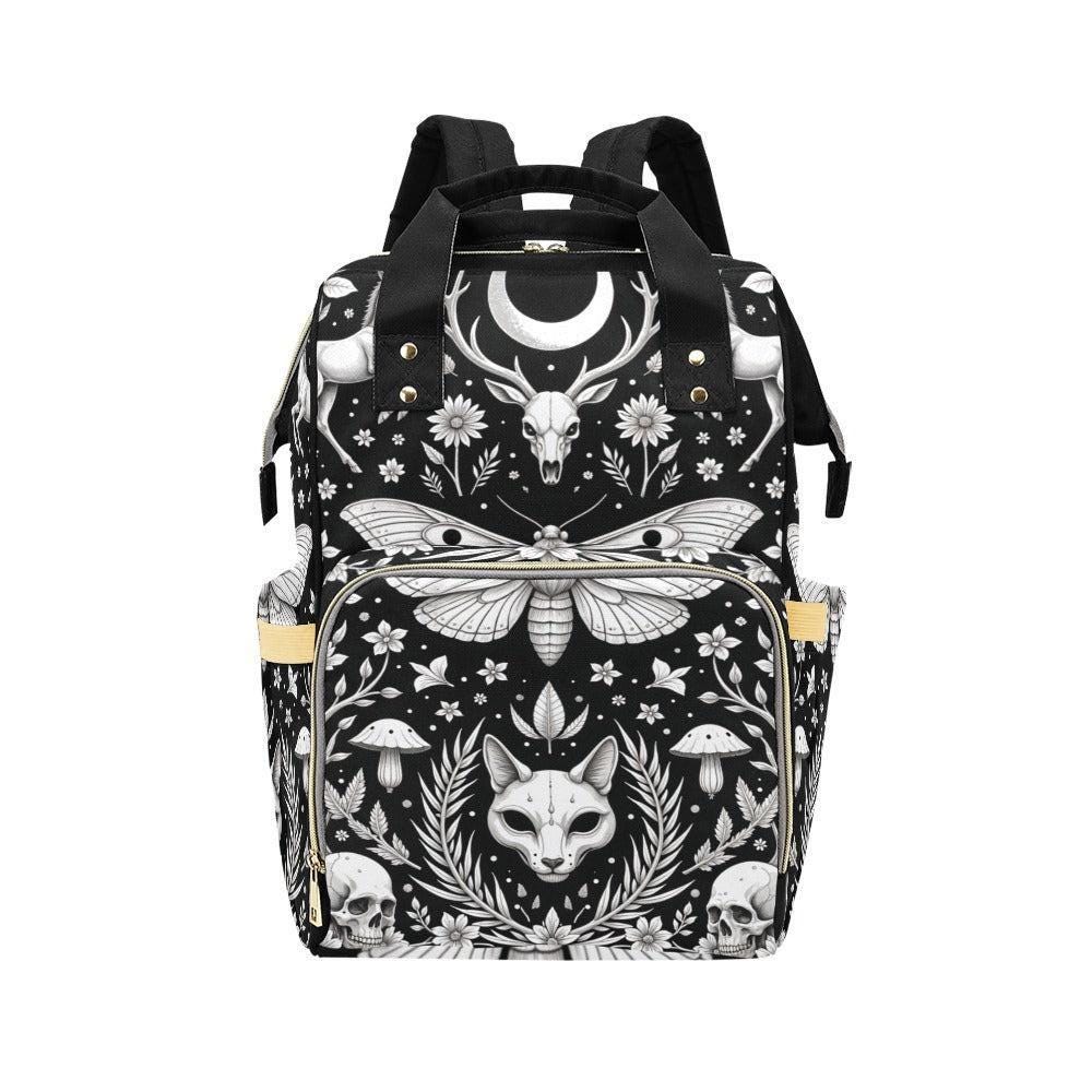 Moth and skull backpack, fox gothic diaper bag, forest witch mom bag, spooky baby bag, lunar floral backpack, alternative nursery bag