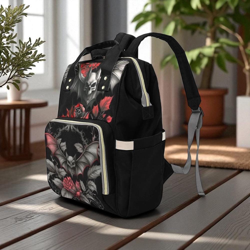 Gothic Mom Backpack, Bat Diaper Bag, Skull Roses Baby Bag, Dark Goth Nursery Backpack, Alternative Spooky Bag for Trendy Goth Moms