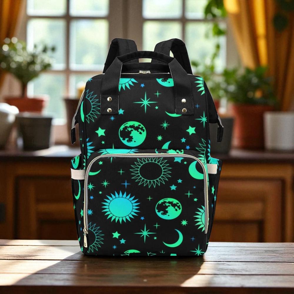 Sun Moon Stars Backpack, Celestial Diaper Bag, Witchy Mom Tote, Cosmic Organizer Bag, Dark Academia Gear, Astrology Gift, Galaxy Mom Style