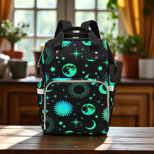 Sun Moon Stars Backpack, Celestial Diaper Bag, Witchy Mom Tote, Cosmic Organizer Bag, Dark Academia Gear, Astrology Gift, Galaxy Mom Style