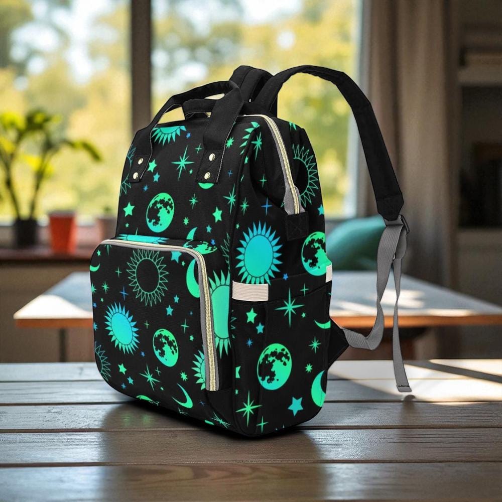 Sun Moon Stars Backpack, Celestial Diaper Bag, Witchy Mom Tote, Cosmic Organizer Bag, Dark Academia Gear, Astrology Gift, Galaxy Mom Style