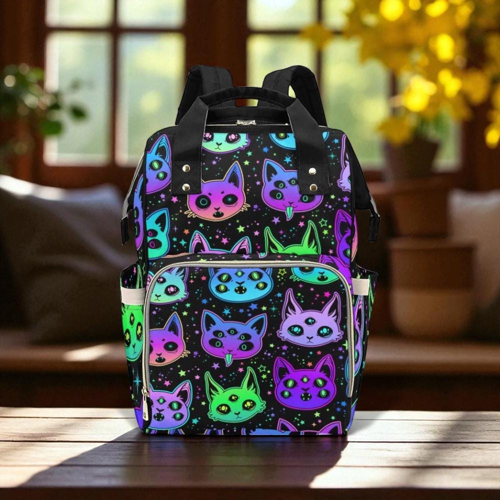 Neon Cat Diaper Backpack, Kawaii Goth Bag, Spooky Cute Organizer, Witchy Mom Gift, Alternative Baby Gear, Gothic Cat Lover,Pastel Goth Style