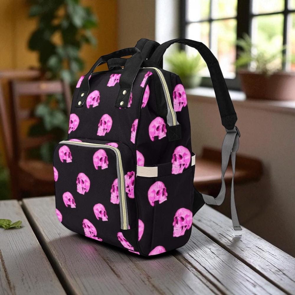 Pink Skull Diaper Backpack, Gothic Mom Essentials, Alternative Baby Bag, Punk Nursery Tote, Edgy Baby Shower Gift, Pastel Goth Mom Gear