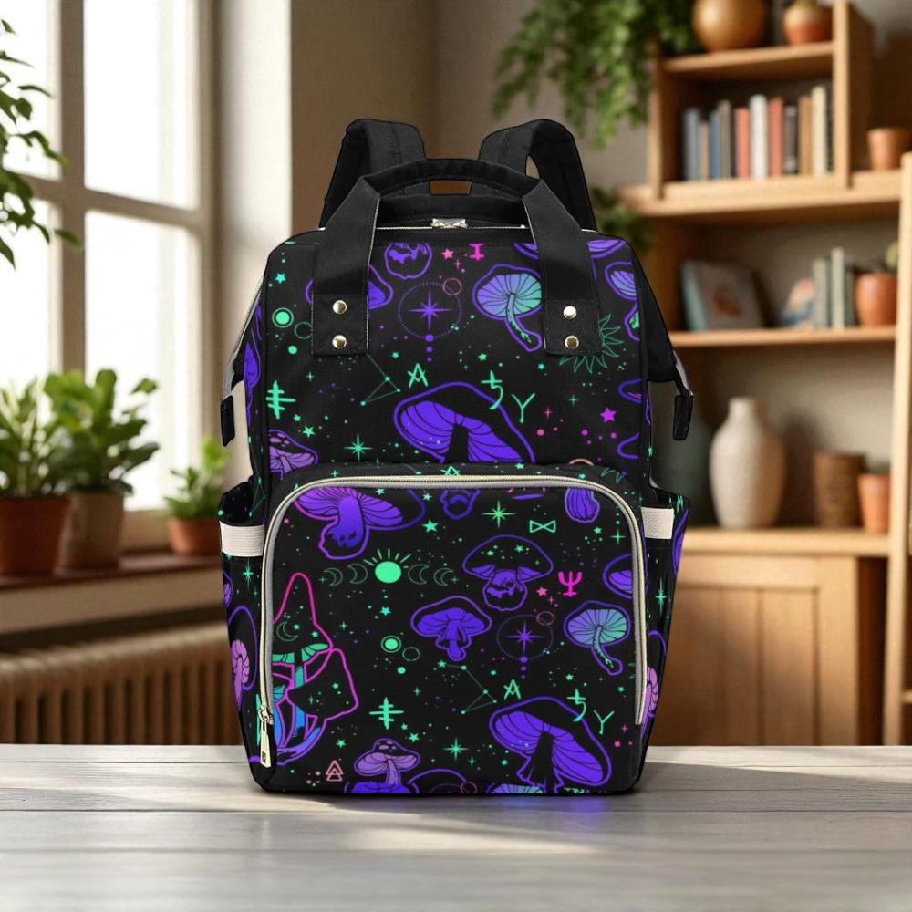 Witchy Mushroom Backpack, Goth Diaper Bag, Neon Magic Mom Bag, Occult Baby Essentials, Mystic Baby Shower Gift, Dark Fairycore Backpack