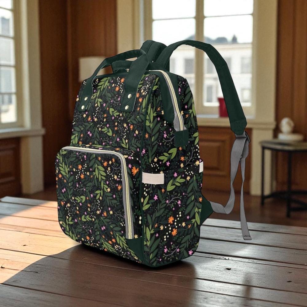 Dark Floral Backpack Diaper Bag, Forest Botanical Mom Gear, Cottagecore Baby Organizer, Woodland Flowers Bag, Boho Nature Mom Gift, Mom Pack