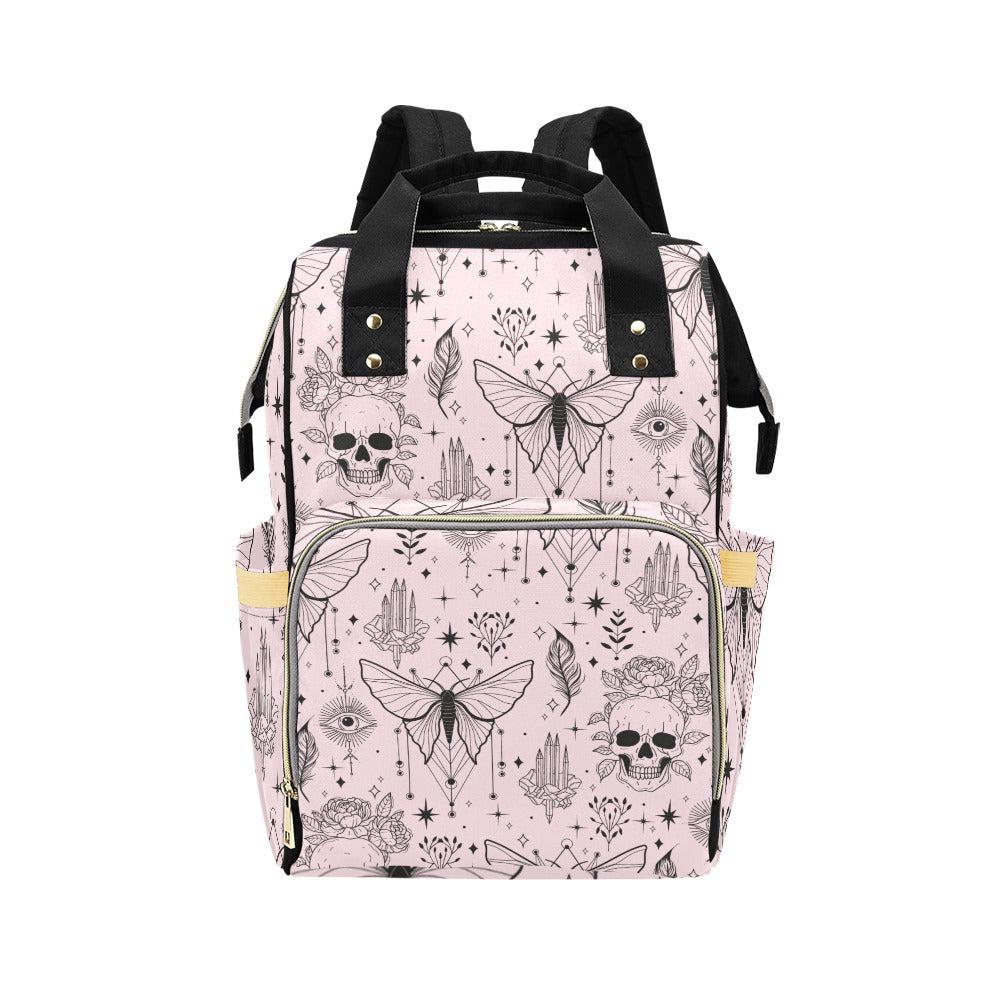 Pink Occult Backpack with Skulls and Moths Witchy Teacher School Bag
