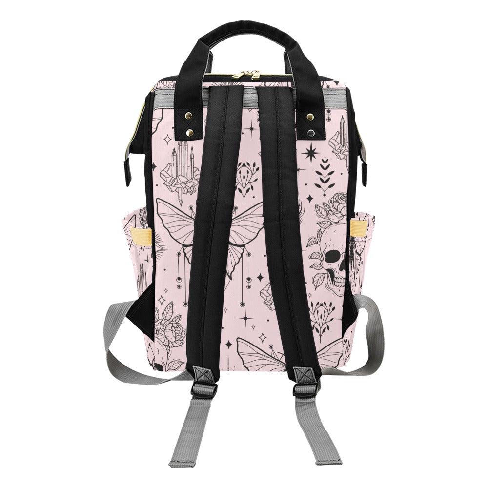 Pink Occult Backpack with Skulls and Moths Witchy Teacher School Bag