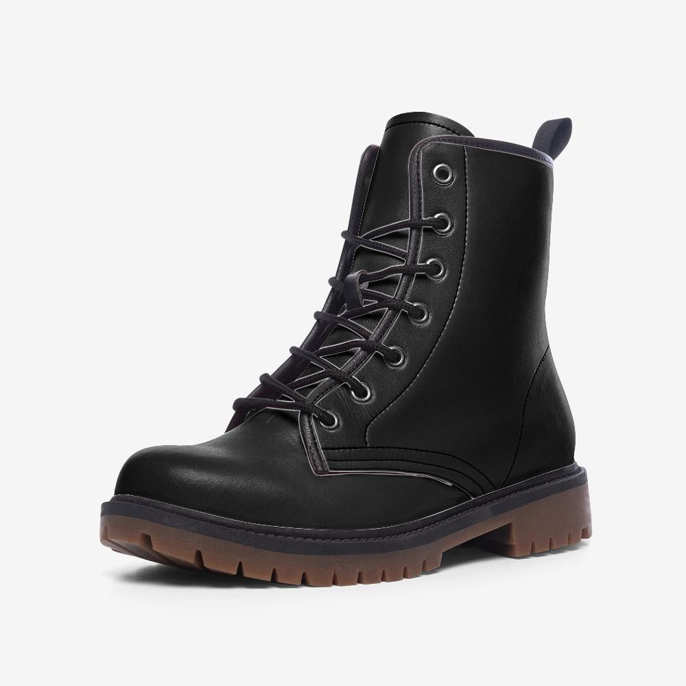 Black Vegan Leather Combat Boots, Lace-Up Platform Ankle Booties
