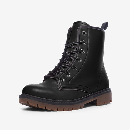 Black Vegan Leather Combat Boots, Lace-Up Platform Ankle Booties