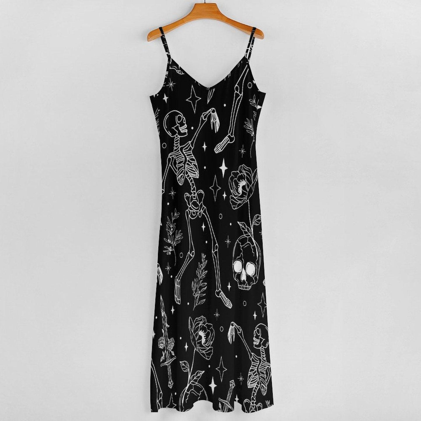 Skeleton Print Maxi Dress, Goth Floral Summer Dress, Occult Black Slip Dress, Witchy Alternative Outfit, Skull Sword Dark Aesthetic