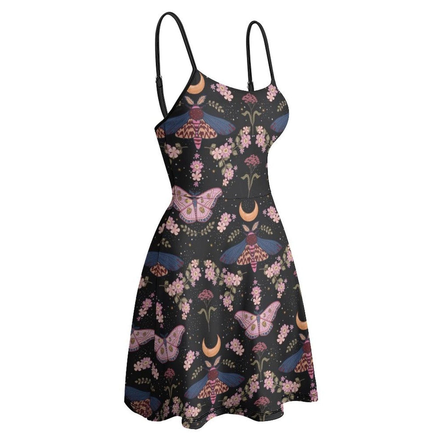 Fairycore Moth Print Dress, Celestial Summer Aesthetic, Witchy Black Sundress, Cottagecore Boho Clothing for Festivals, Floral Moon Outfit