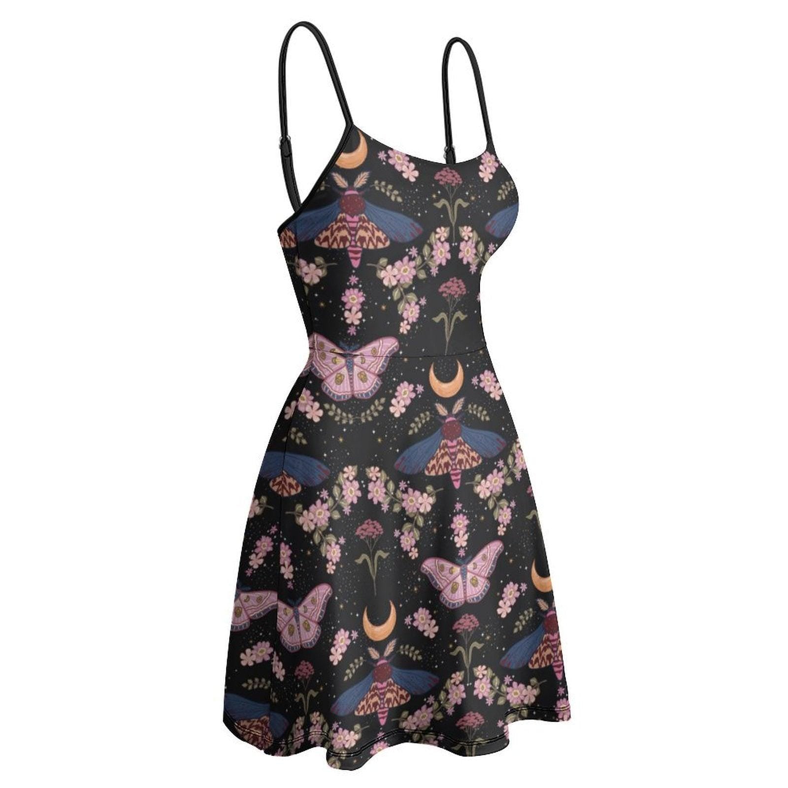 Fairycore Moth Print Dress, Celestial Summer Aesthetic, Witchy Black Sundress, Cottagecore Boho Clothing for Festivals, Floral Moon Outfit