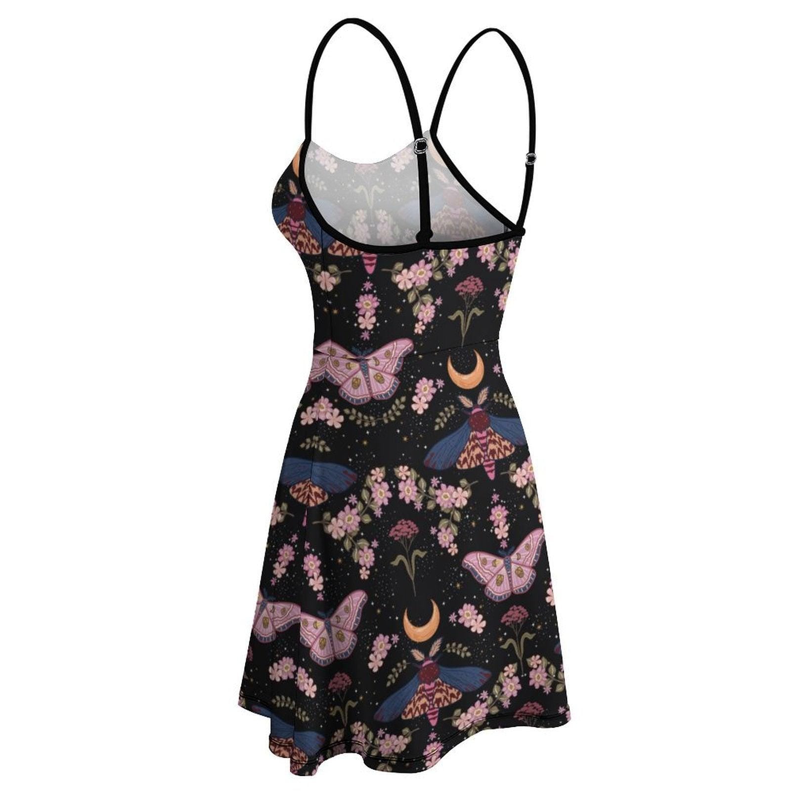 Fairycore Moth Print Dress, Celestial Summer Aesthetic, Witchy Black Sundress, Cottagecore Boho Clothing for Festivals, Floral Moon Outfit