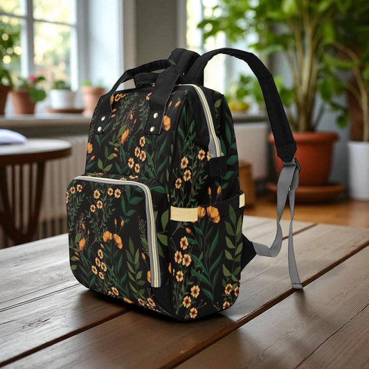 Dark Floral Diaper Backpack, Witchy Baby Bag for Moms, Boho Botanical Travel Bag,Black Flower Print Organizer,Cottagecore Maternity Backpack