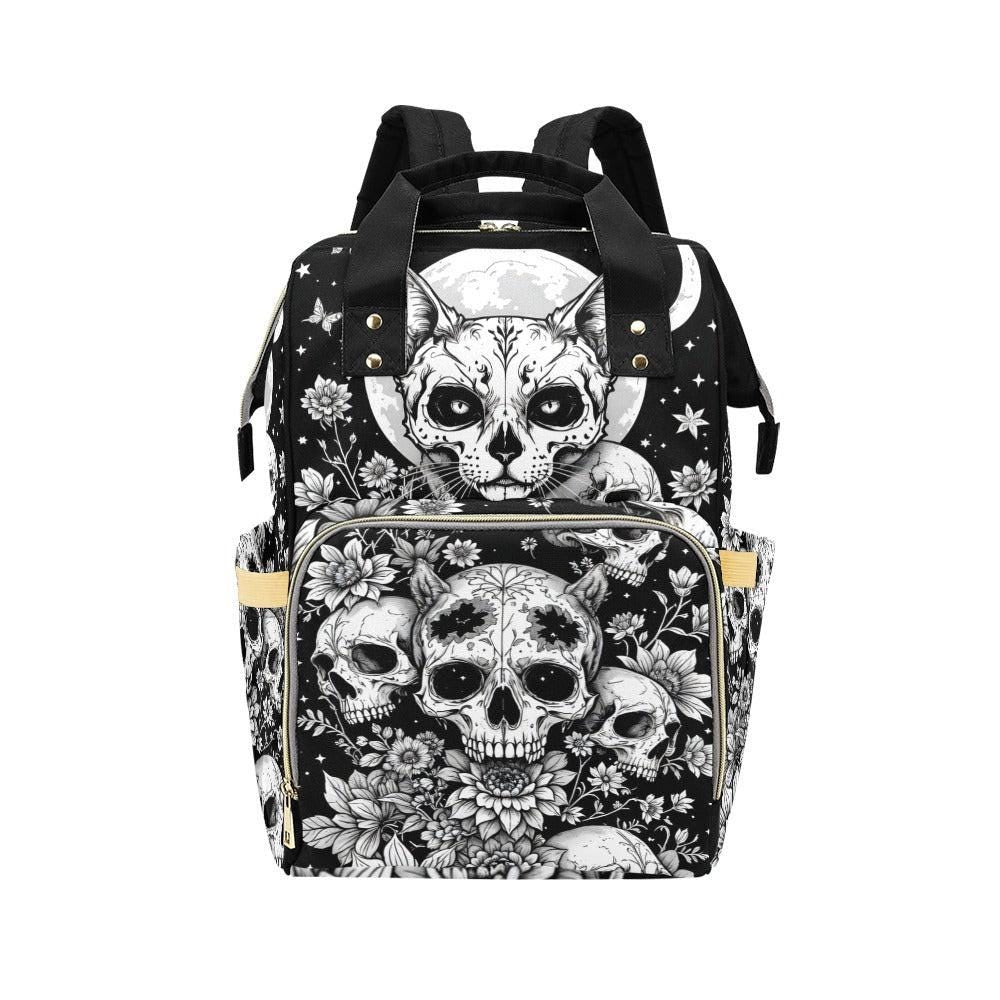 Occult Cat Skull Backpack, Witchy Diaper Bag, Gothic Floral Travel Pack