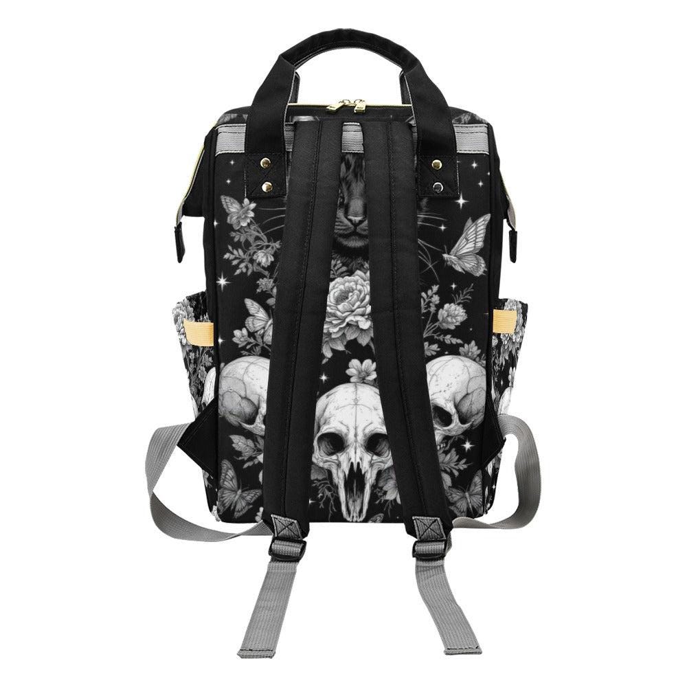 Skull Cat Floral Backpack, Dark Academia Bag, Witchy School Backpack