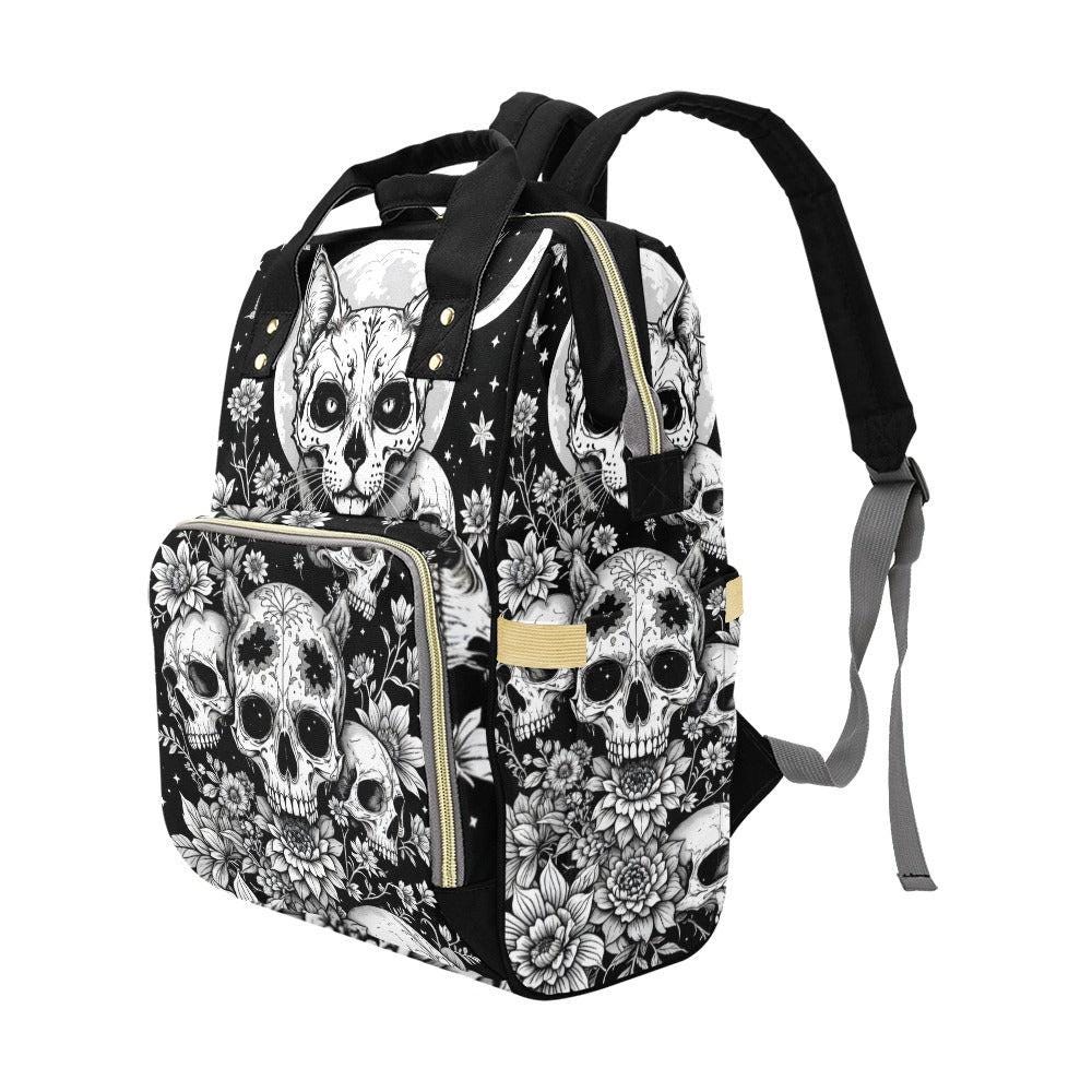 Occult Cat Skull Backpack, Witchy Diaper Bag, Gothic Floral Travel Pack