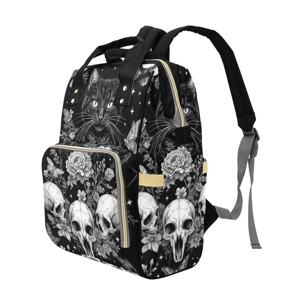 Skull Cat Floral Backpack, Dark Academia Bag, Witchy School Backpack