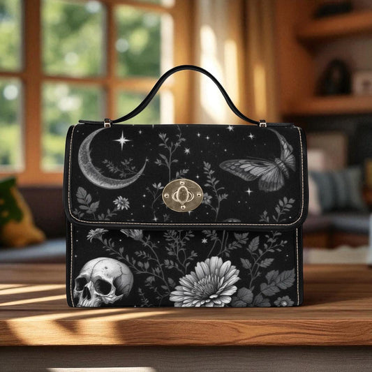 Mystical Moon Skull Bag, Dark Floral Gothic Purse, Celestial Butterfly Handbag, Witchy Shoulder Tote, Elegant Goth Accessories, Occult Gift
