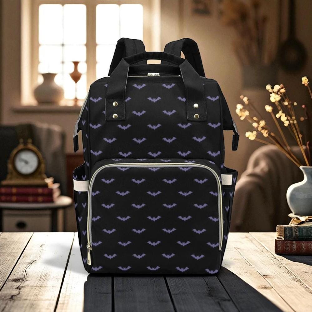 Gothic Bat Backpack, Witchy Diaper Bag, Dark Fairycore Organizer, Spooky Festival Accessory, Moody Mom Backpack, Vintage Goth Bat Print