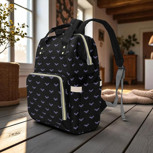 Gothic Bat Backpack, Witchy Diaper Bag, Dark Fairycore Organizer, Spooky Festival Accessory, Moody Mom Backpack, Vintage Goth Bat Print