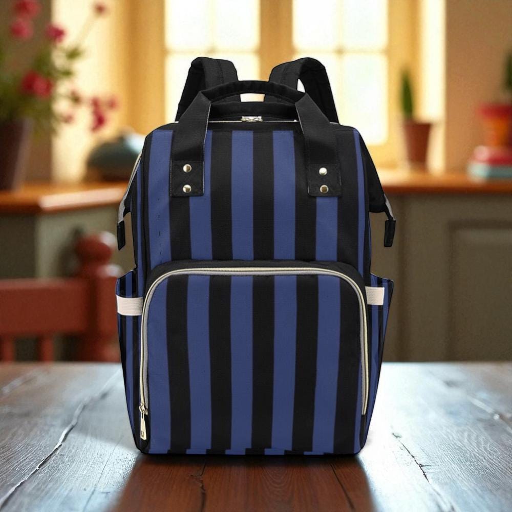 Gothic Striped Backpack, Dark Academia Diaper Bag, Blue Black Emo Gear, Witchy Mom Organizer, Grunge Stripe Print,Punk Accessory,Alt Mom Bag
