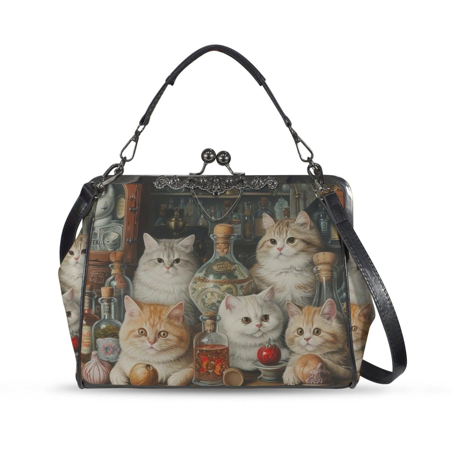 Cat Print Kisslock Bag, Vintage Style Handbag with Kittens and Potion Bottles