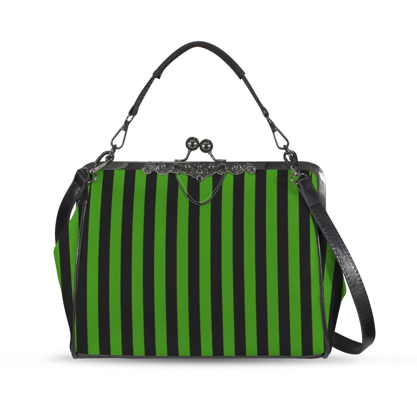 Green Stripe Kisslock Bag, Gothic Witchy Purse, Vintage Alt Fashion Handbag
