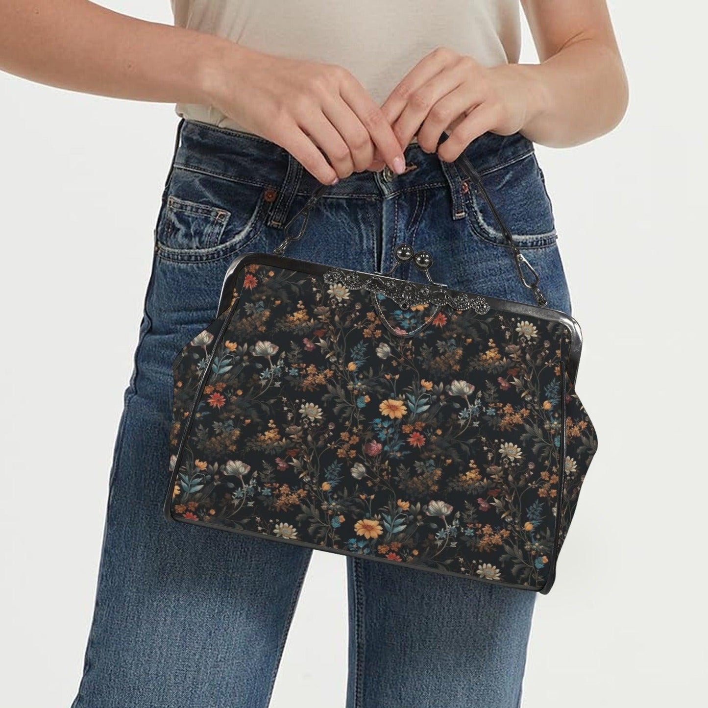 Dark Floral Purse, Gothic Flower Bag, Witchy Floral Clutch, Vintage Crossbody Satchel, Mystic Cottagecore Handbag, Dark Botanical Gift