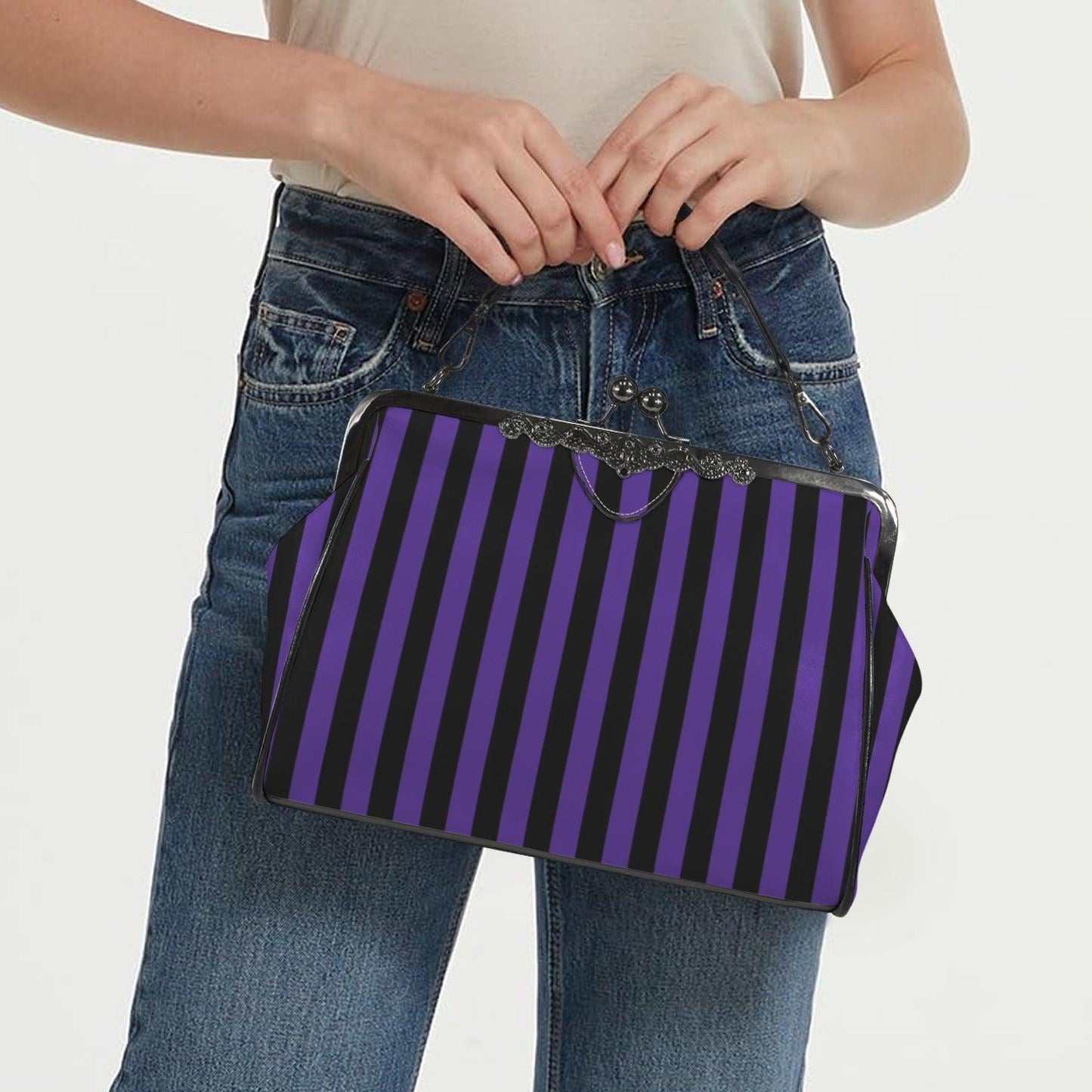 Witch market stripe handbag, bold purple black purse, vintage clasp stripe bag, dark carnival shoulder bag, enchanted stripe print accessory