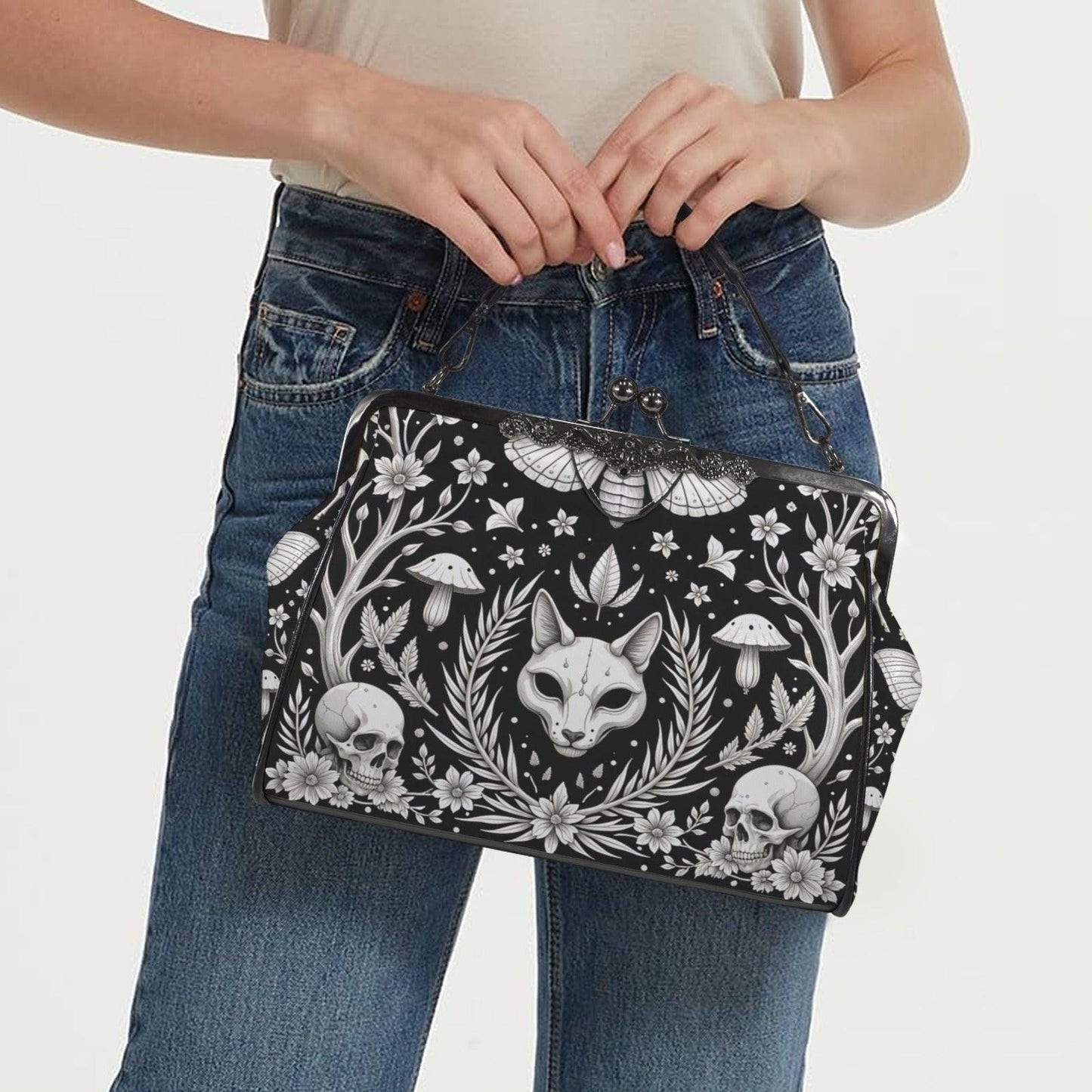 Gothic Fox Skull Handbag, Witchy Cat Crossbody Clutch, Dark Fairy Occult Fashion Bag