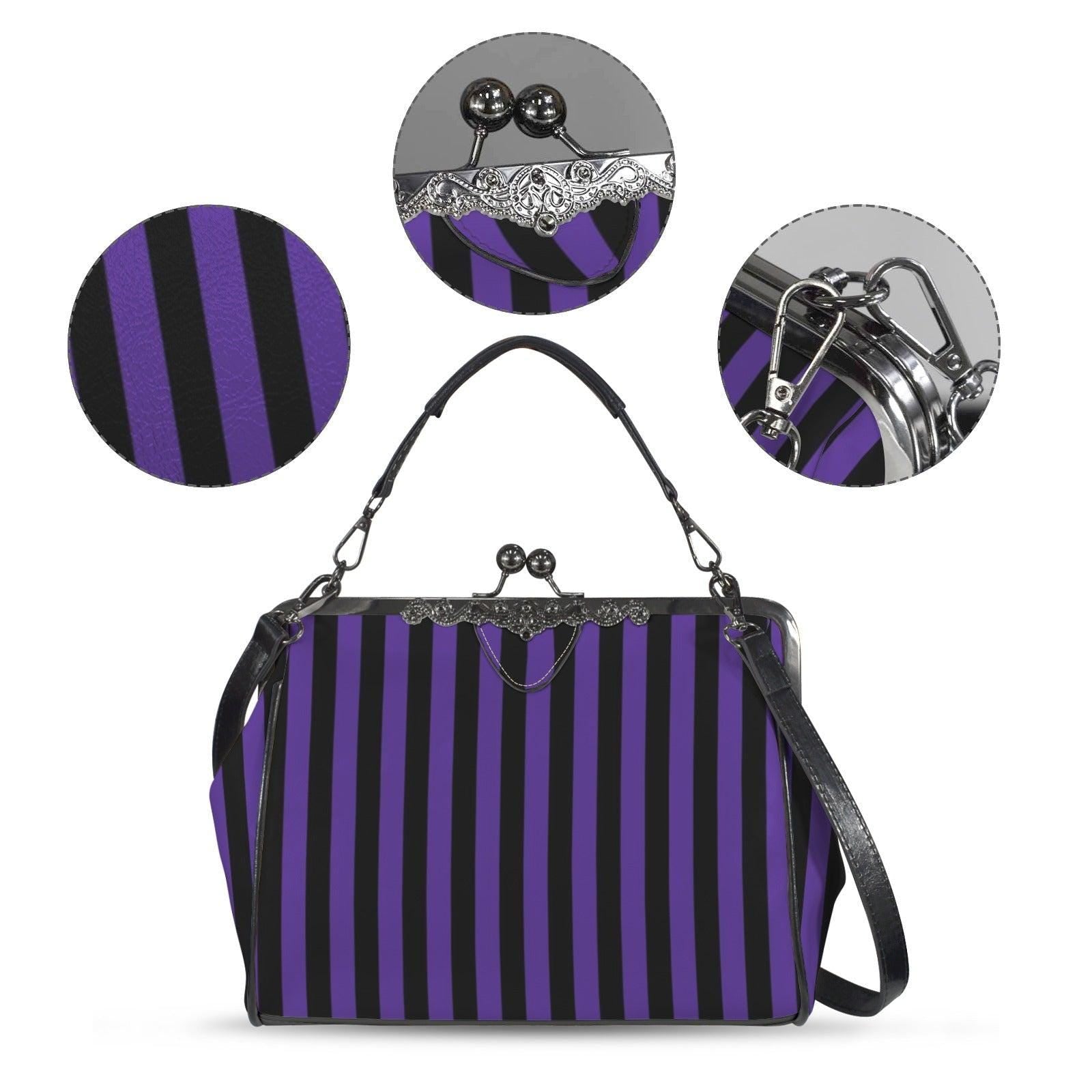 Witch market stripe handbag, bold purple black purse, vintage clasp stripe bag, dark carnival shoulder bag, enchanted stripe print accessory