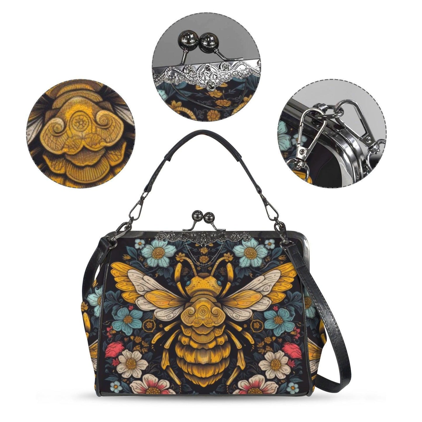 Honeybee Floral Kisslock Bag, Nature Inspired Purse, Vintage Handbag