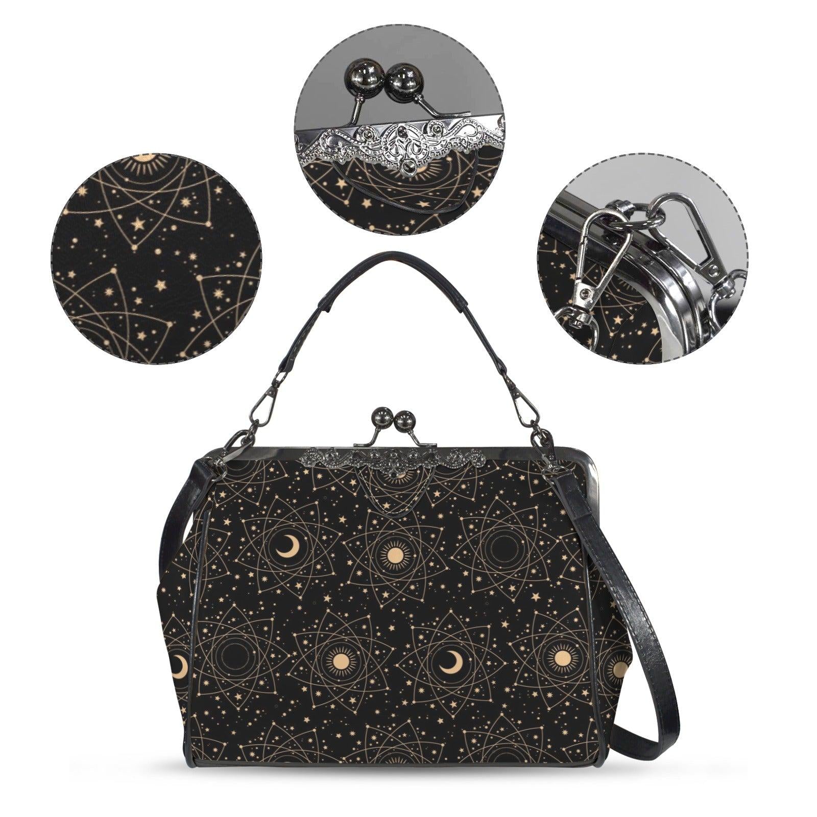 Celestial kisslock bag, moon and stars print, witchy astrology handbag