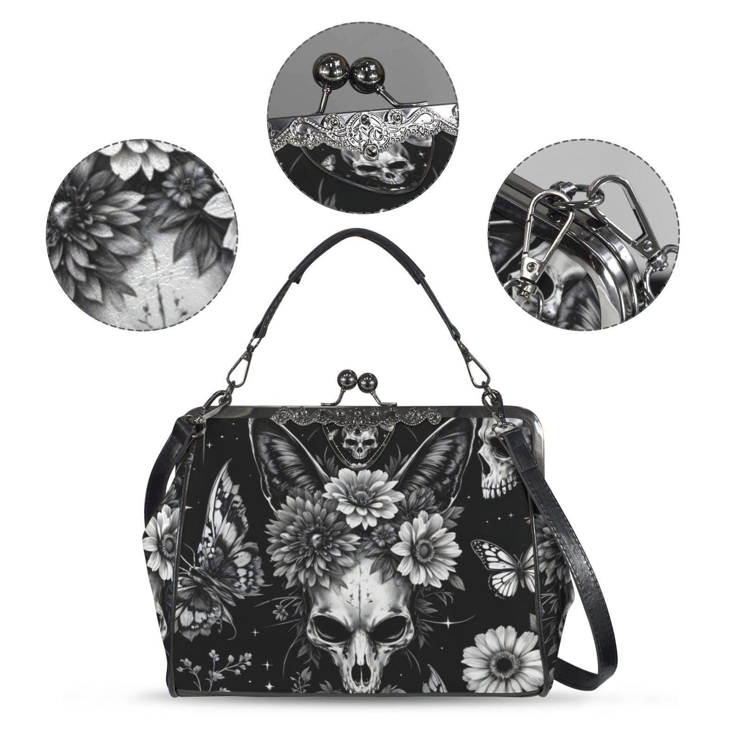 Skull Butterfly Kisslock Bag, Gothic Floral Purse, Fairycore Dark Accessories, Alt Fashion Handbag