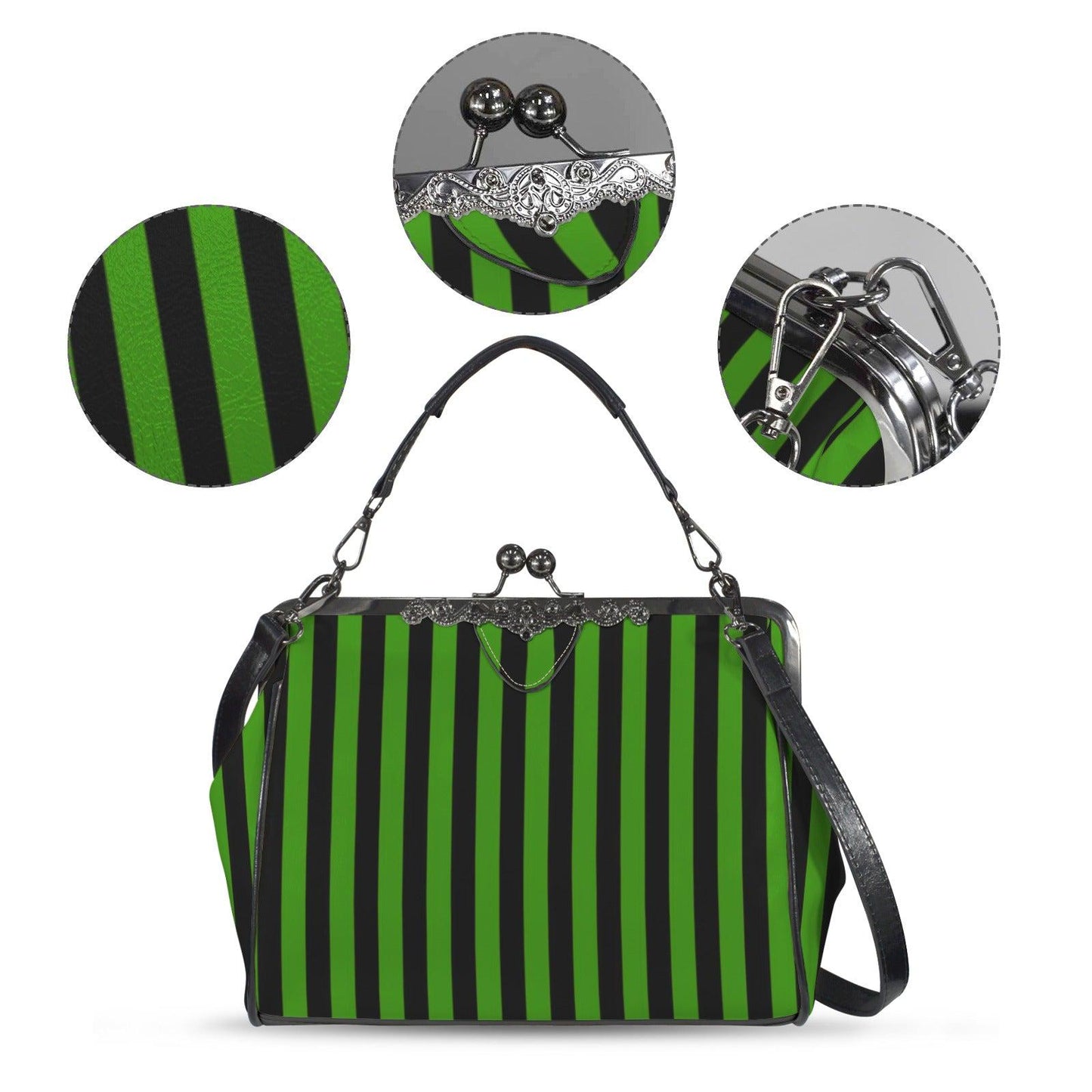 Green Stripe Kisslock Bag, Gothic Witchy Purse, Vintage Alt Fashion Handbag