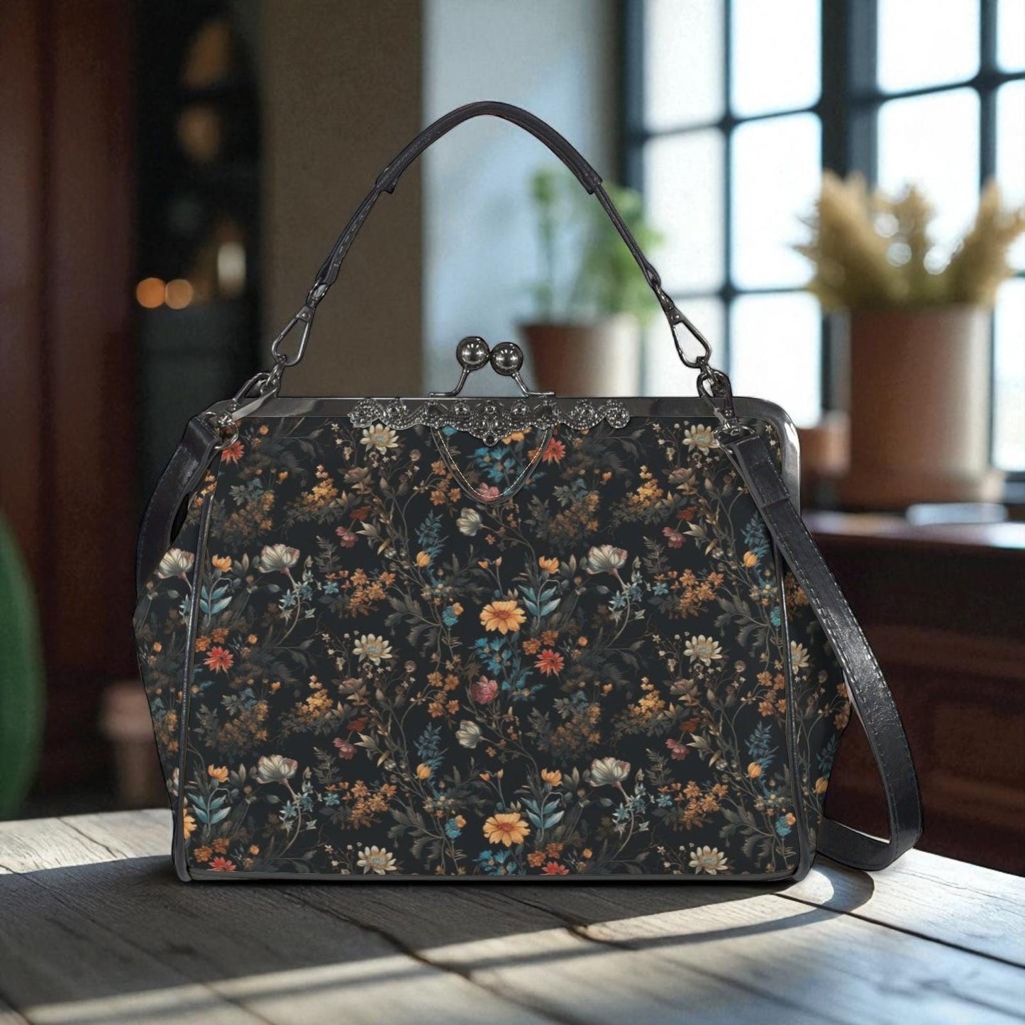 Dark Floral Purse, Gothic Flower Bag, Witchy Floral Clutch, Vintage Crossbody Satchel, Mystic Cottagecore Handbag, Dark Botanical Gift