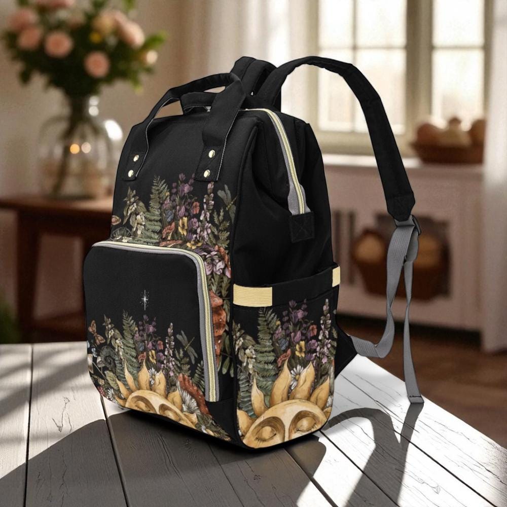 Celestial Sun Backpack, Botanical Witchy Bag, Dark Fairycore Diaper, Mystical Forest Print,Cottagecore Festival Gear,Alt Astrology Accessory