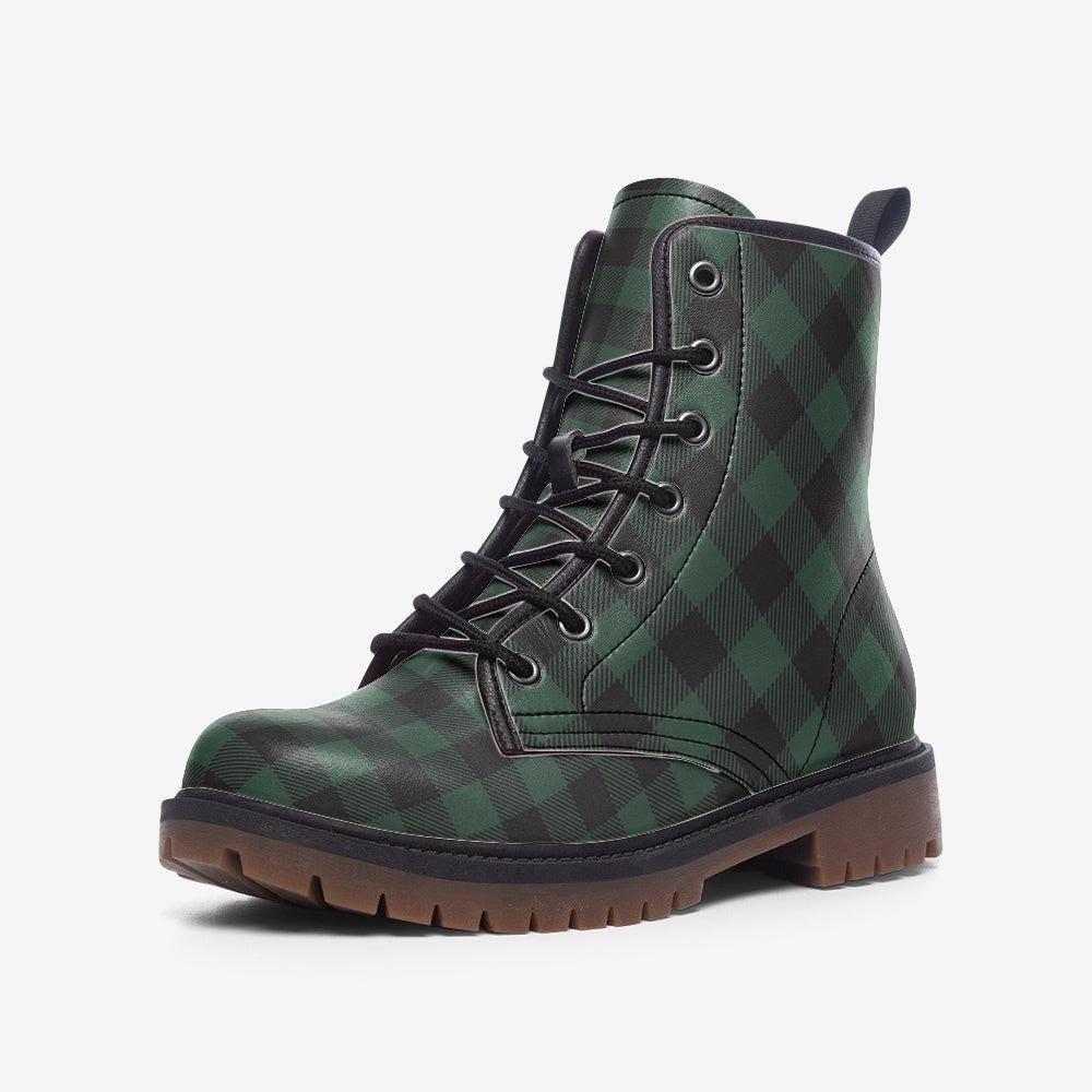 Dark Green Plaid Combat Boots, Vegan Leather Gingham Platform Shoes, Fall Gothic Style