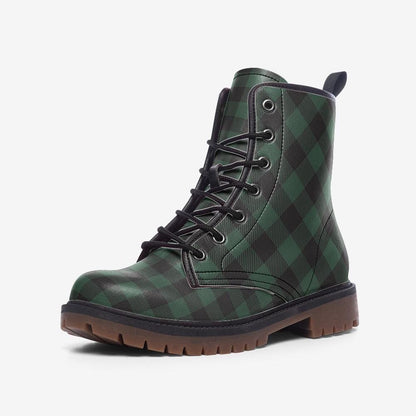 Dark Green Plaid Combat Boots, Vegan Leather Gingham Platform Shoes, Fall Gothic Style