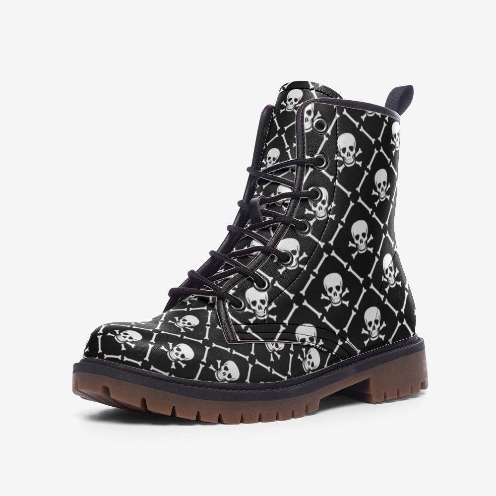 Skull Combat Boots, Punk Grunge Lace Up Shoes, Black Goth Biker Boots