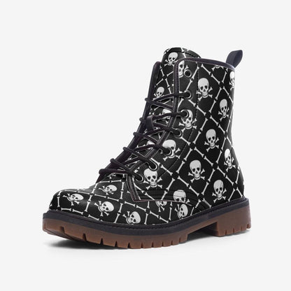 Skull Combat Boots, Punk Grunge Lace Up Shoes, Black Goth Biker Boots