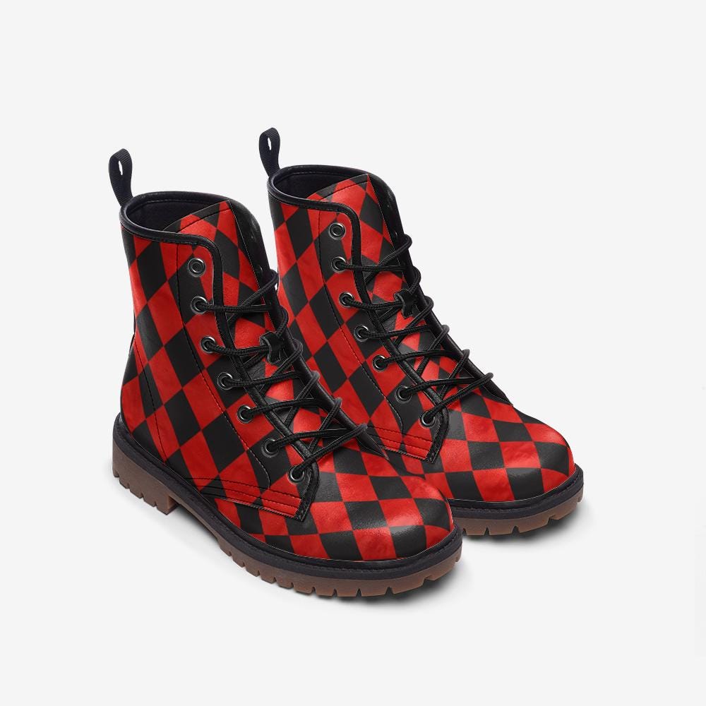 Harlequin checker boots, red black combat boots, circuscore platform boots, goth punk rave shoes, edgy alternative footwear, emo style boots
