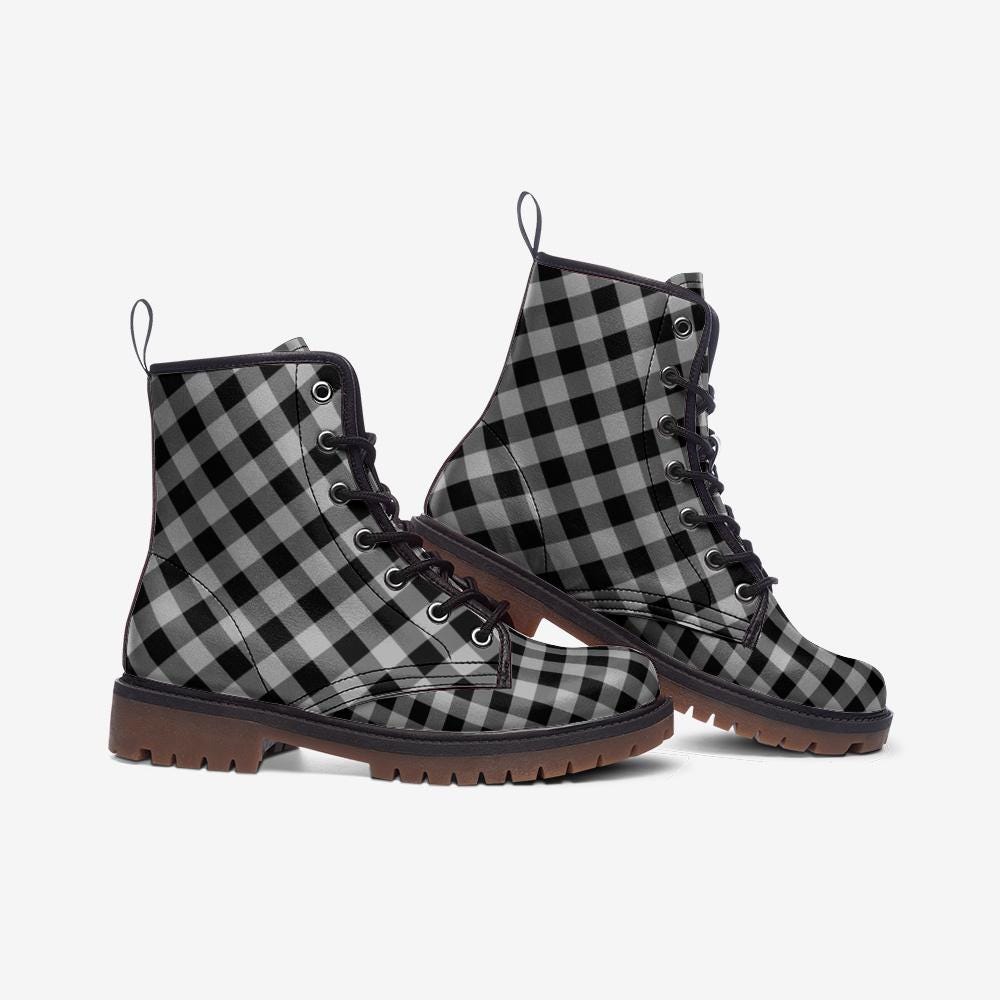 Buffalo Plaid Combat Boots, Black White Checkered Lace Up Grunge Fall Boots for Women