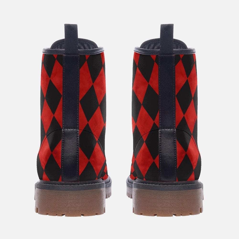 Harlequin checker boots, red black combat boots, circuscore platform boots, goth punk rave shoes, edgy alternative footwear, emo style boots