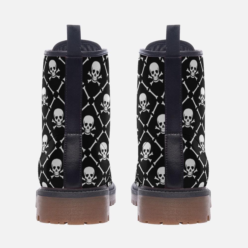 Skull Combat Boots, Punk Grunge Lace Up Shoes, Black Goth Biker Boots