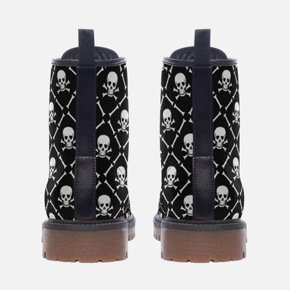 Skull Combat Boots, Punk Grunge Lace Up Shoes, Black Goth Biker Boots